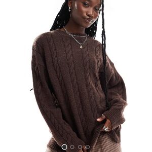 Collusion oversized crew neck cable knit sweater in brown